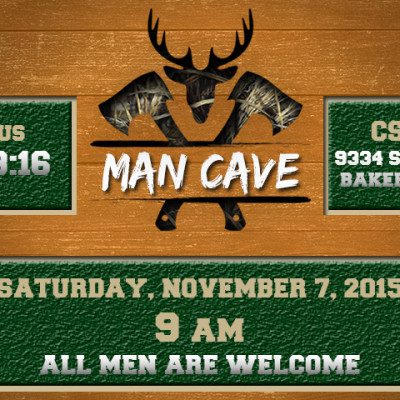 A wooden sign with fishing rods, fish, and antlers advertising a 'Man Cave' event on November 7, 2015, at 9 AM, welcoming all men.