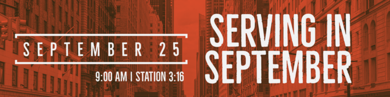 A red and white banner with the words " service september 2 5 ".