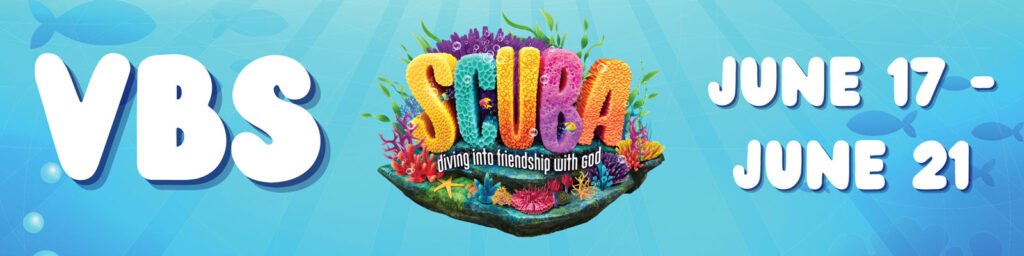 A colorful logo for scuba, diving into friendship with god.